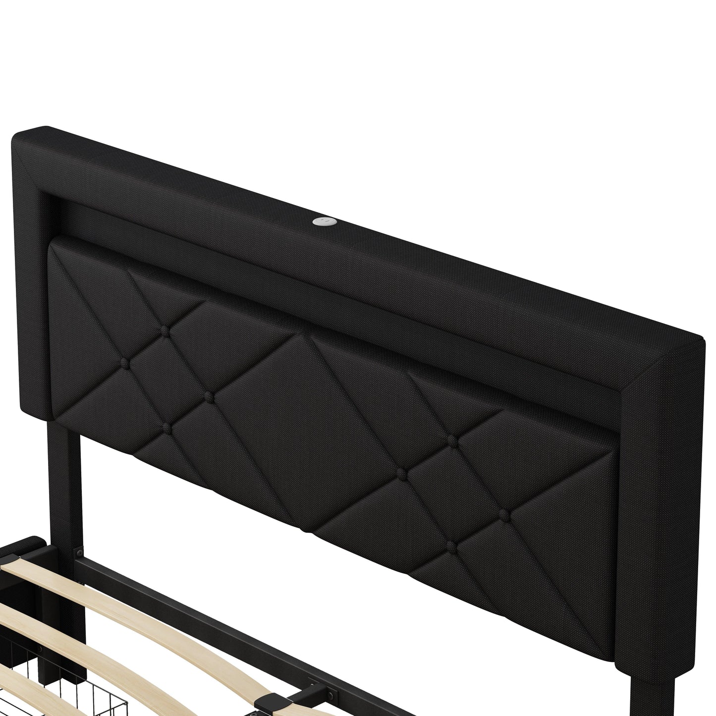 Queen Size Bed Frame with LED Lights USB Charging Station Black Textured Paint Bed Frame Black - FurniFindUSA