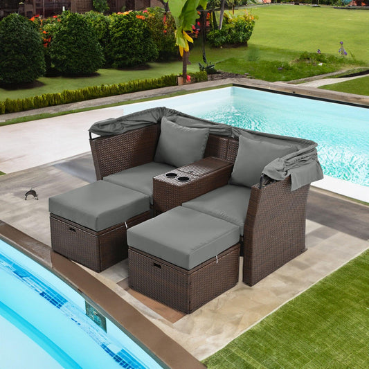 2-Seater Outdoor Patio Daybed Outdoor Double Daybed Outdoor Loveseat Sofa Set with Foldable Awning and Cushions - FurniFindUSA