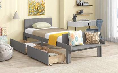 Twin Bed with Footboard Bench 2 drawers Grey - FurniFindUSA