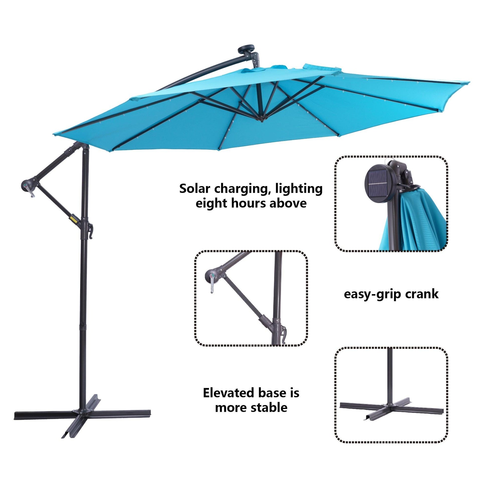 10 FT Solar LED Patio Outdoor Umbrella Hanging Cantilever Umbrella Offset Umbrella Easy Open Adustment with 32 LED Lights - FurniFindUSA