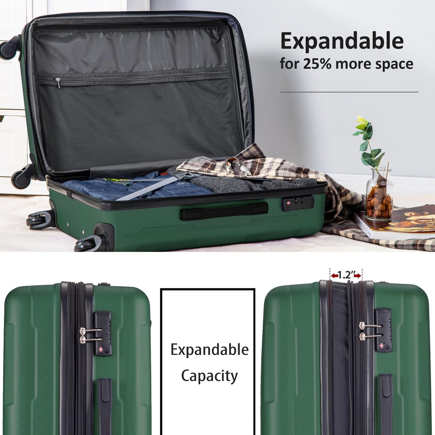 Expanable Spinner Wheel 2 Piece Luggage Set ABS Lightweight Suitcase with TSA Lock 20inch+24inch Green + Plastic - FurniFindUSA