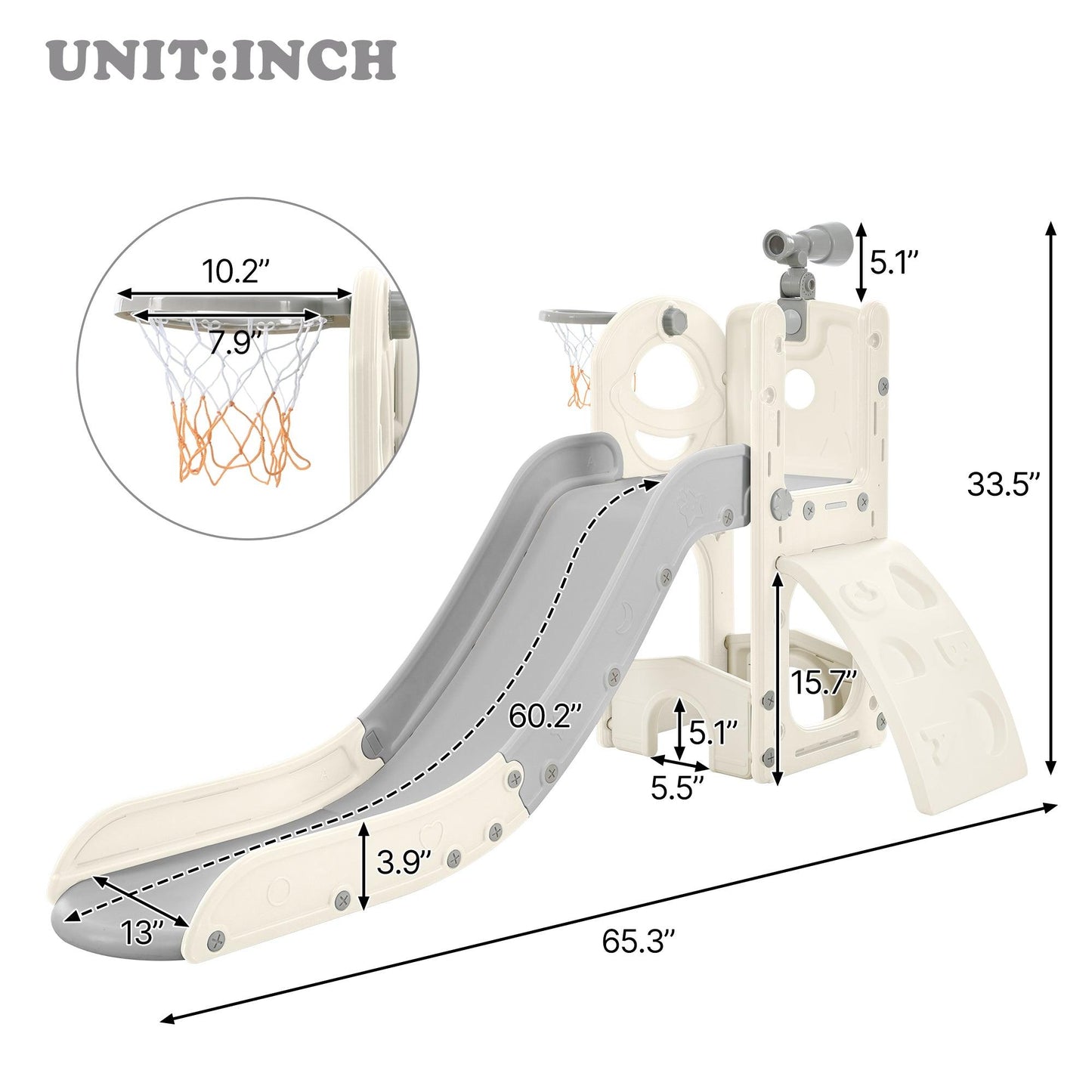 Kids Slide Playset Structure 5 in 1, Freestanding Spaceship Set with Slide, Telescope and Basketball Hoop Grey+White + HDPE - FurniFindUSA