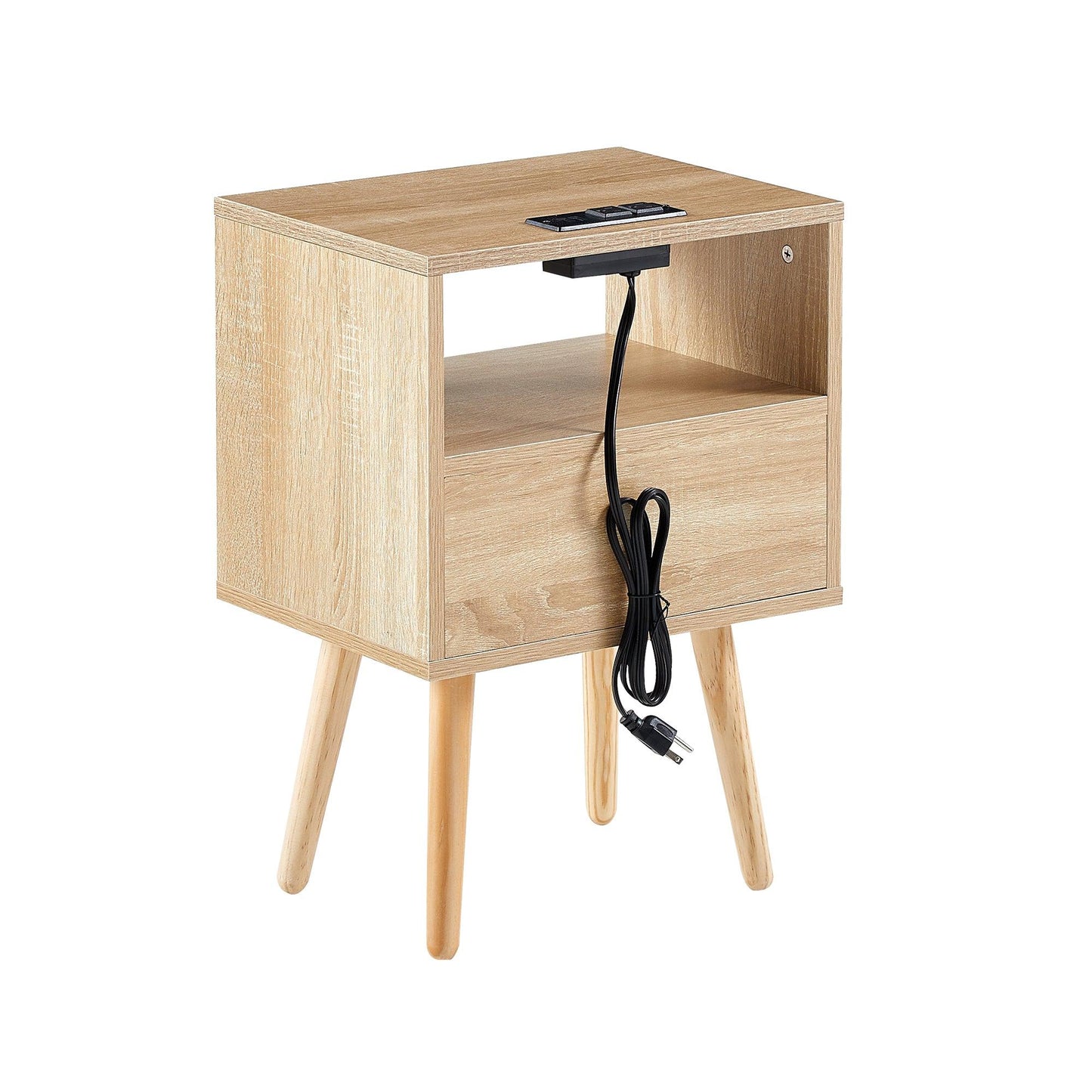 15.75" Rattan End table with Power Outlet & USB Ports Modern nightstand with drawer and solid wood legs - FurniFindUSA