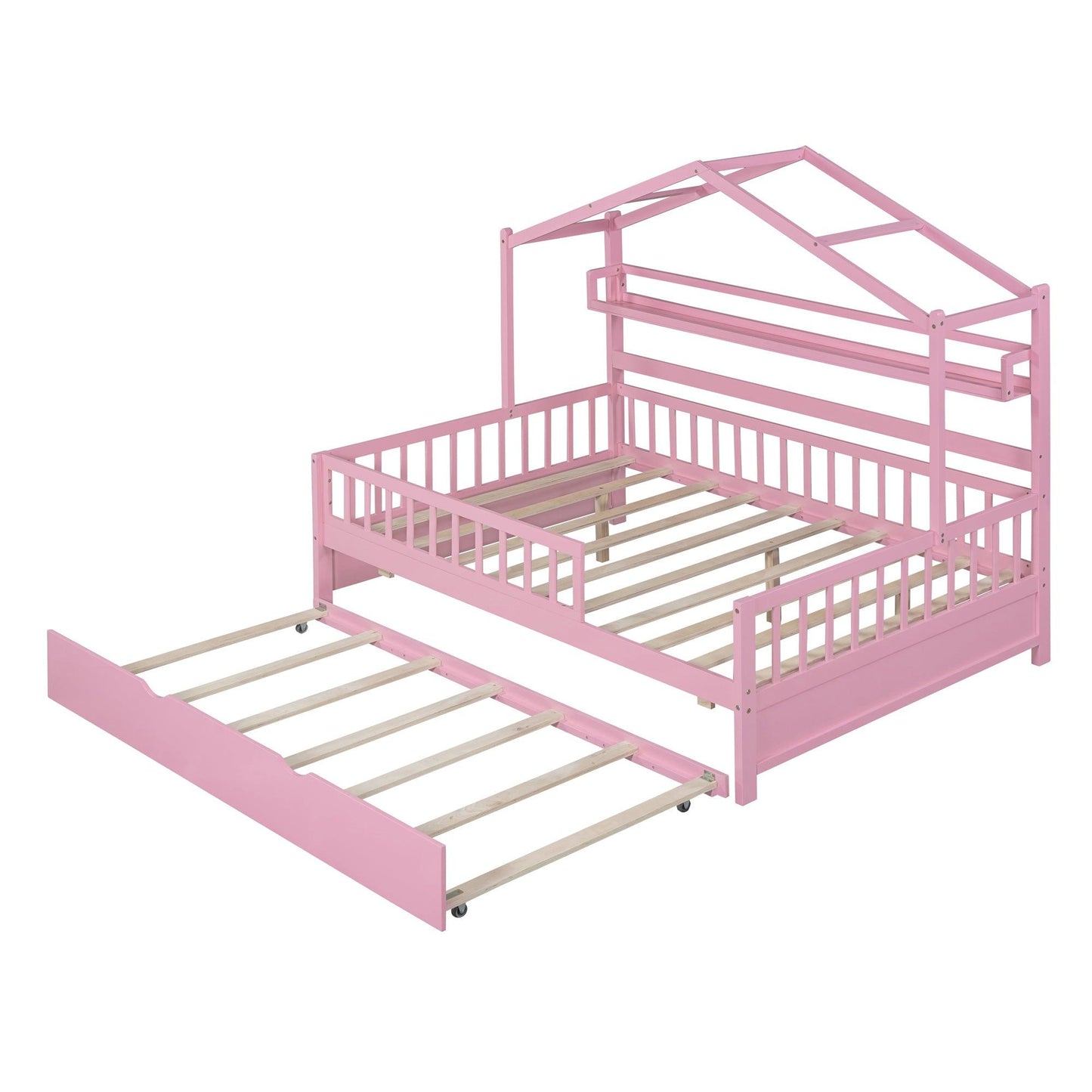 Wooden Full Size House Bed with Twin Size Trundle Kids Bed with Shelf Pink - FurniFindUSA