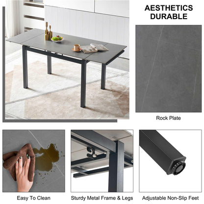 Grey Ceramic Modern Rectangular Expandable Dining Room Table For Space-Saving Kitchen Small Space -Table - FurniFindUSA