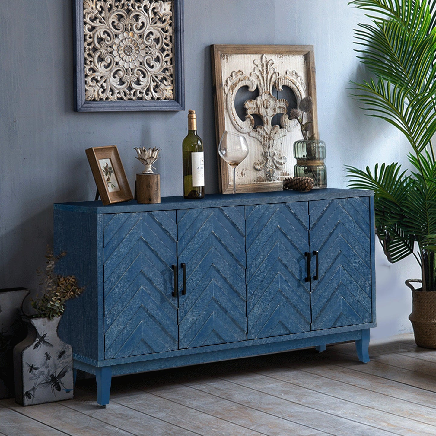 Stronger Vintage Style Buffet Cabinet Lacquered Accent Storage 4 Door Wooden - FurniFindUSA