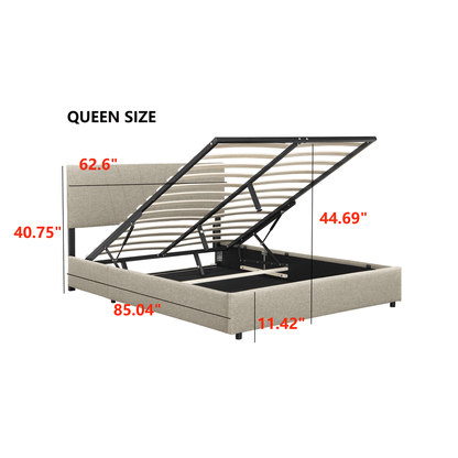 Queen Upholstered Platform Bed with Lifting Storage Queen Size Bed Frame with Storage and Tufted Headboard (Queen Beige) - FurniFindUSA