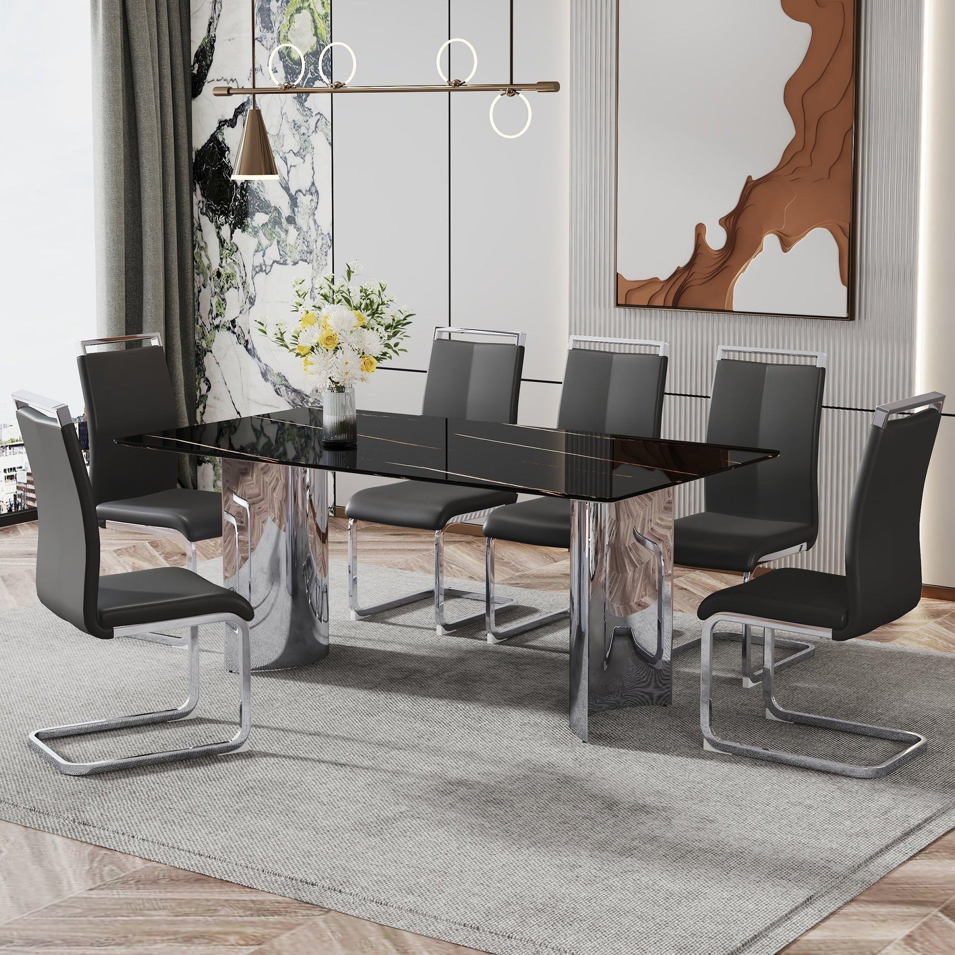 Modern minimalist dining table The black imitation marble glass desktop is equipped with silver metal legs - FurniFindUSA