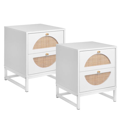 Allen 2 Drawer Nightstand Set of 2 White Natural Rattan Display Rack for Bedroom and Living Room - FurniFindUSA