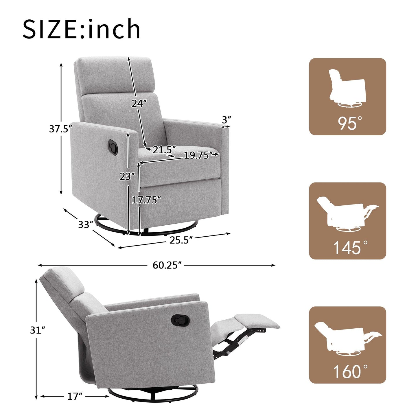 Modern Upholstered Rocker Nursery Chair Plush Seating Glider Swivel Recliner Chair Gray - FurniFindUSA