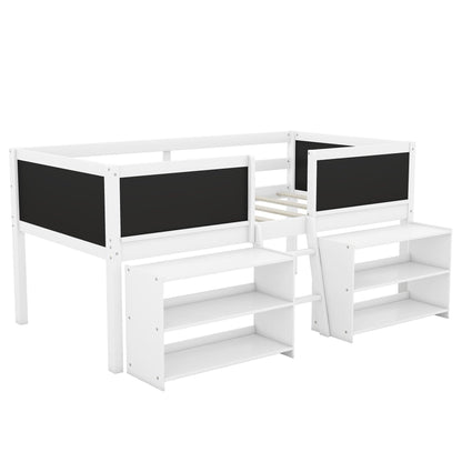 Twin Size Low Loft Bed with Two Movable Shelves and Ladder,with Decorative Guardrail Chalkboard,White - FurniFindUSA