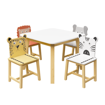 5 Piece Kiddy Table and Chair Set Kids Wood Table with 4 Chairs Set Cartoon Animals (bigger table) (3-8 years old) - FurniFindUSA