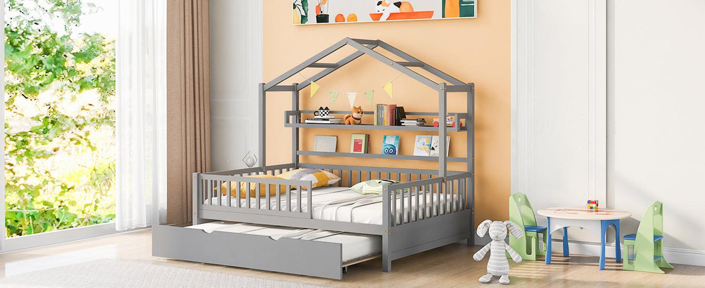 Wooden Full Size House Bed with Twin Size Trundle Kids Bed with Shelf Gray - FurniFindUSA