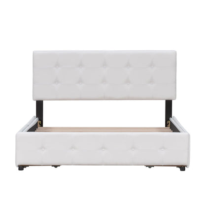 Upholstered Platform Bed with Classic Headboard and 4 Drawers No Box Spring Needed Linen Fabric Queen Size White - FurniFindUSA