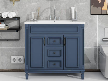 36 inch blue bathroom vanity with top sink, 2 soft doors and 2 drawers, single sink bathroom vanity - FurniFindUSA