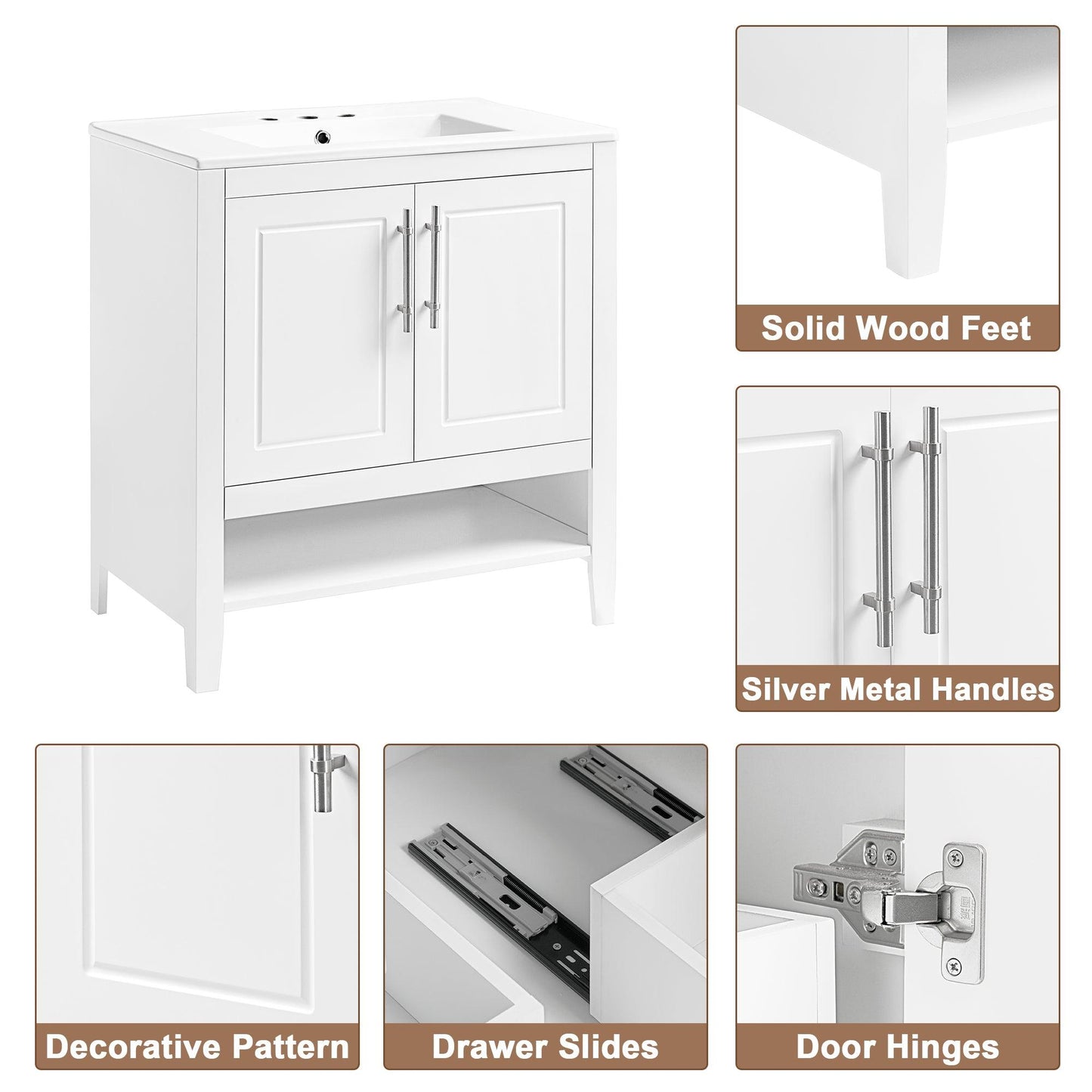 30" Bathroom Vanity with Sink Multi-functional Bathroom Cabinet with Doors and Drawers Solid Frame and MDF Board, White - FurniFindUSA