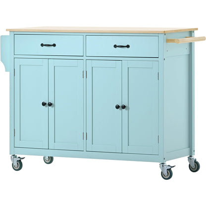 Kitchen Island Cart with 4 Door Cabinet and Two Drawers and 2 Locking Wheels - Solid Wood Top (Mint Green) - FurniFindUSA