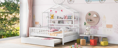 Wooden Full Size House Bed with Twin Size Trundle Kids Bed with Shelf White - FurniFindUSA