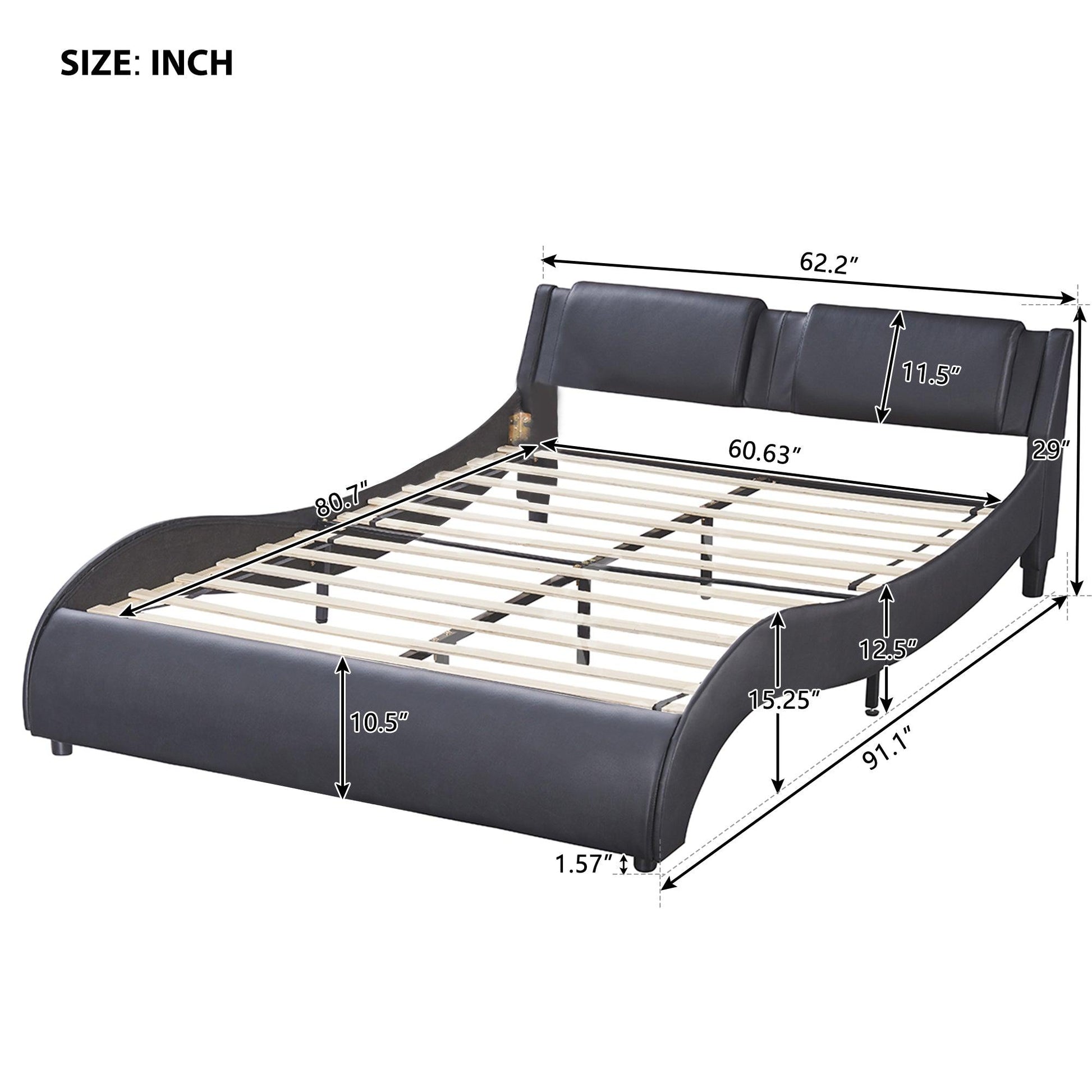 Queen Size Upholstered Faux Leather Platform Bed with LED Light Bed Frame with Slatted - Black - FurniFindUSA