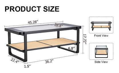 Modern minimalist rectangular double layer black solid wood imitation rattan coffee table - FurniFindUSA