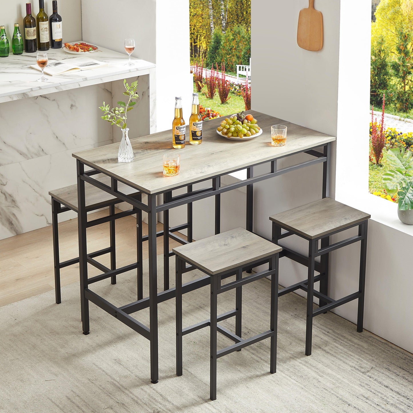 Bar table set 5PC Dinging table set with high stools structural strengthening industrial style Grey - FurniFindUSA