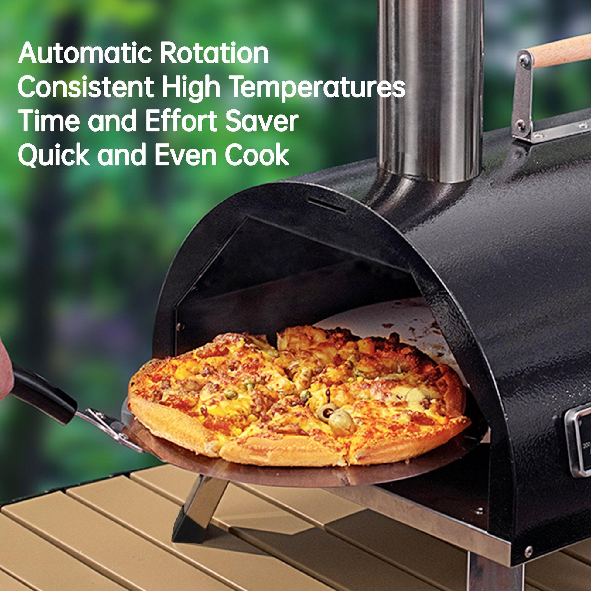 Black Pizza Oven Outdoor 12" Automatic Rotatable Pizza Ovens Portable Stainless Steel Wood Fired Pizza Oven Pizza Maker - FurniFindUSA