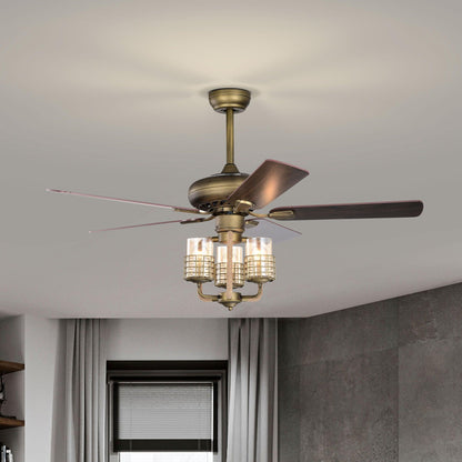 52inch Bronze Metal 3 Lights Ceiling Fan with 5 Wood Blades, Two-color fan blade, AC Motor, Remote Control, Reversible Airflow - FurniFindUSA