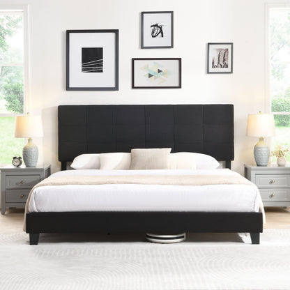 King Size Upholstered Platform Bed Frame with Linen Fabric Headboard BLACK - FurniFindUSA