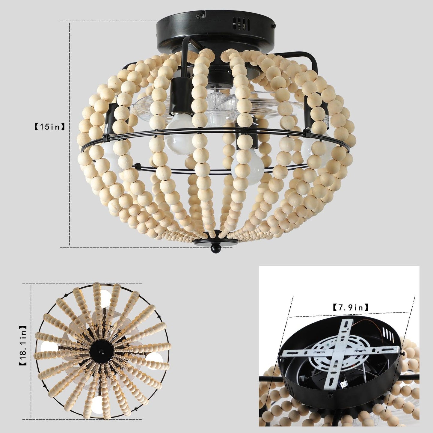 Beaded Fan lamp Wood Beaded Chandelier Oak White - FurniFindUSA