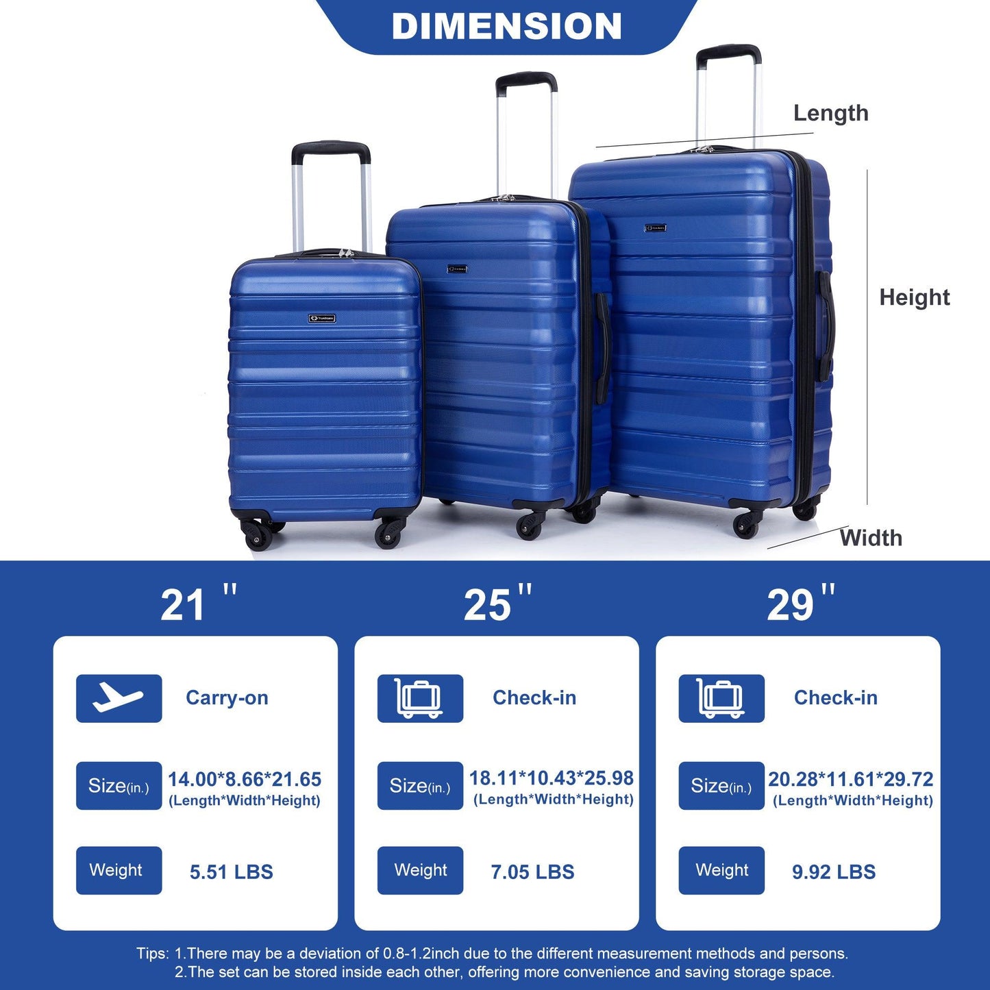 3 Piece Luggage Sets PC Lightweight & Durable Expandable Suitcase with Two Hooks, Spinner Wheels, TSA Lock, (21/25/29) Dark Blue - FurniFindUSA