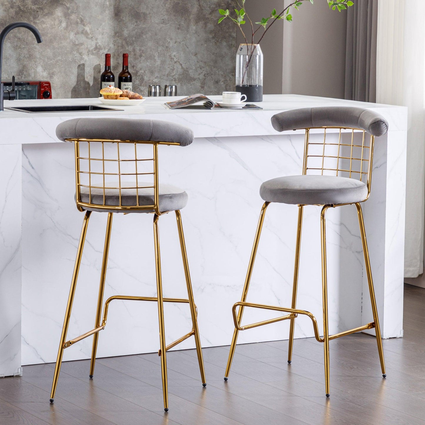 Bar Stool Set of 2 Luxury Velvet High Bar Stool with Metal Legs and Soft Back Grey - FurniFindUSA