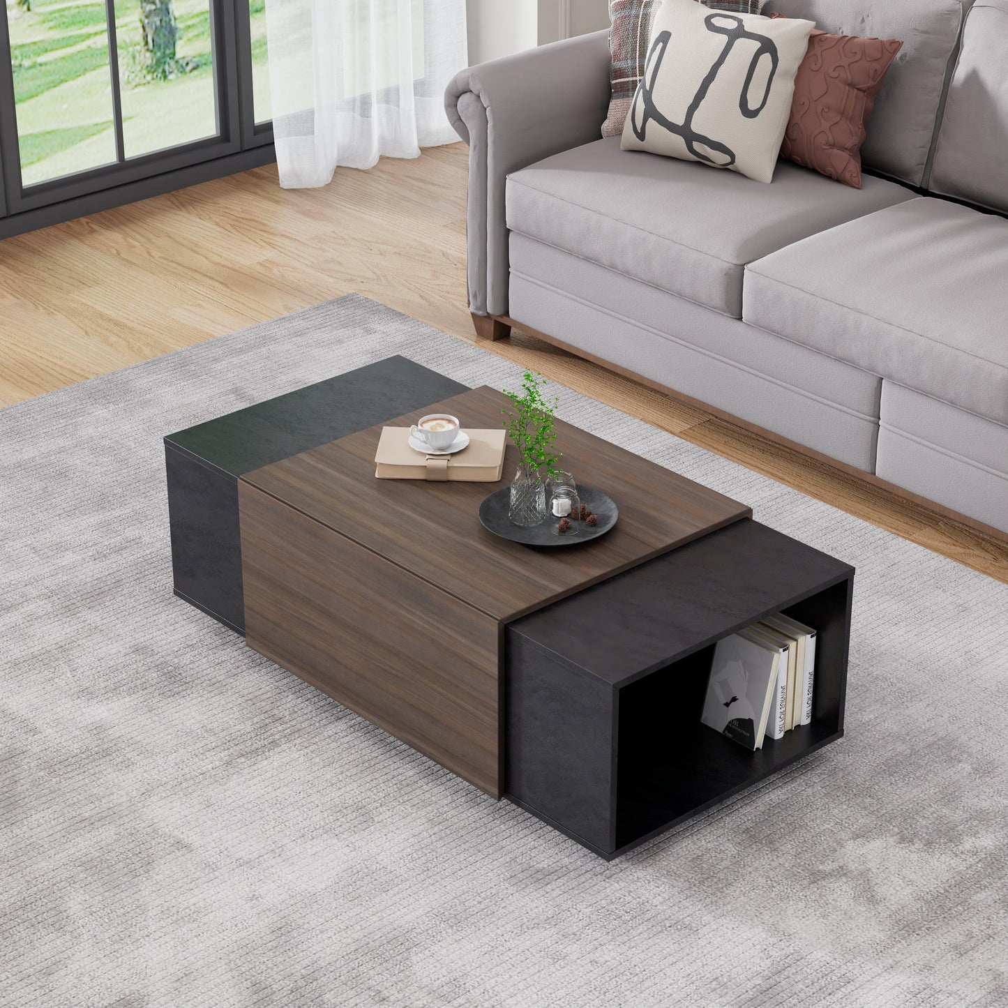 47 Inch Modern Farmhouse Drawer Coffee Table for Living Room or Office Armando & Texture Black - FurniFindUSA