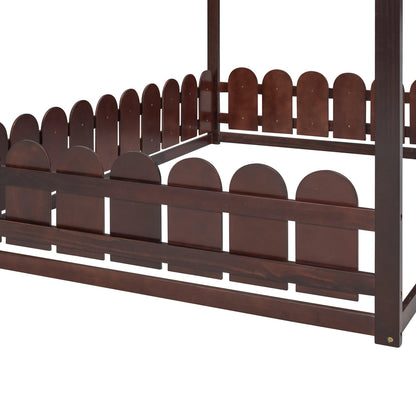 (Slats are not included)Full Size Wood Bed House Bed Frame with Fence for Kids Teens Girls Boys (Espresso ) - FurniFindUSA