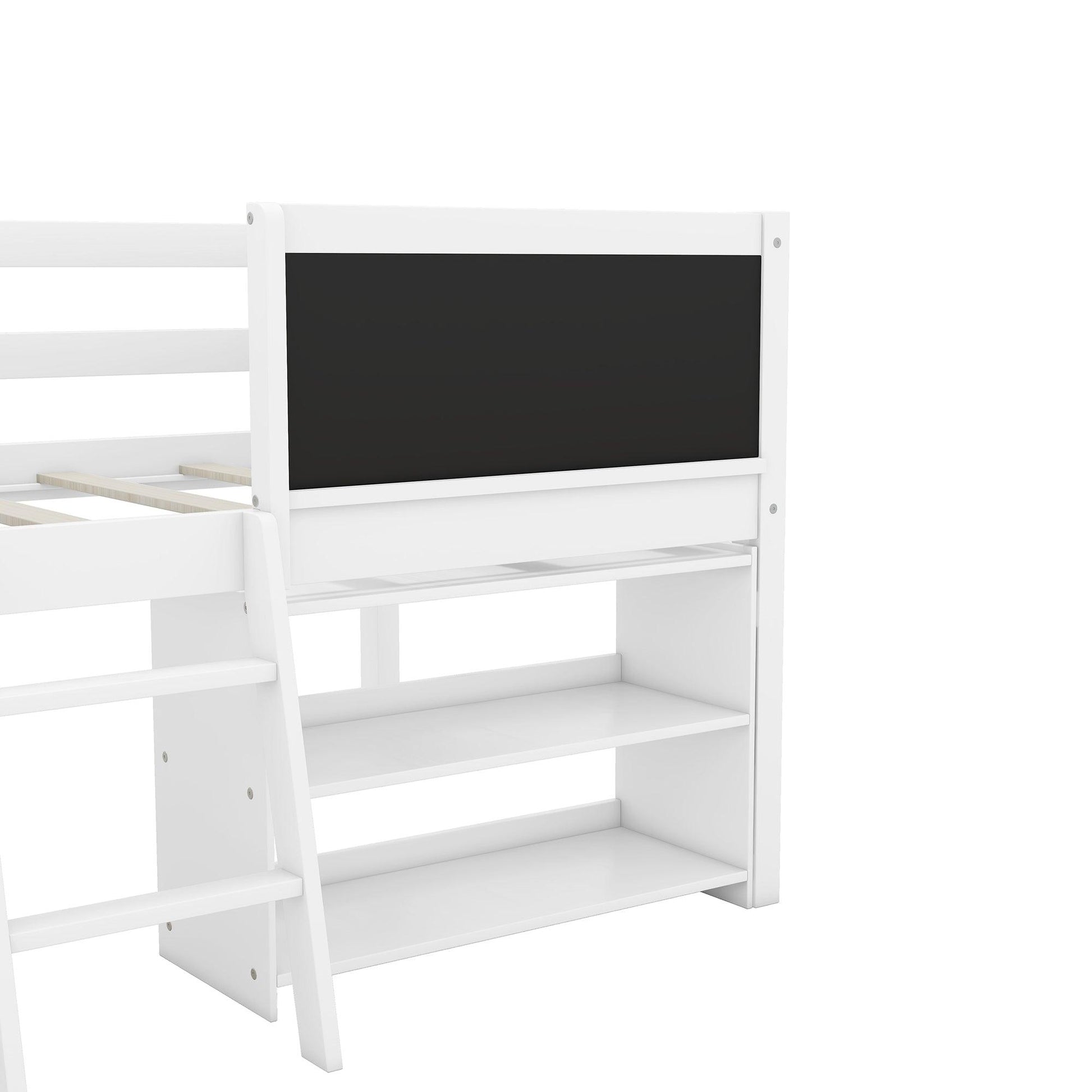 Twin Size Low Loft Bed with Two Movable Shelves and Ladder,with Decorative Guardrail Chalkboard,White - FurniFindUSA