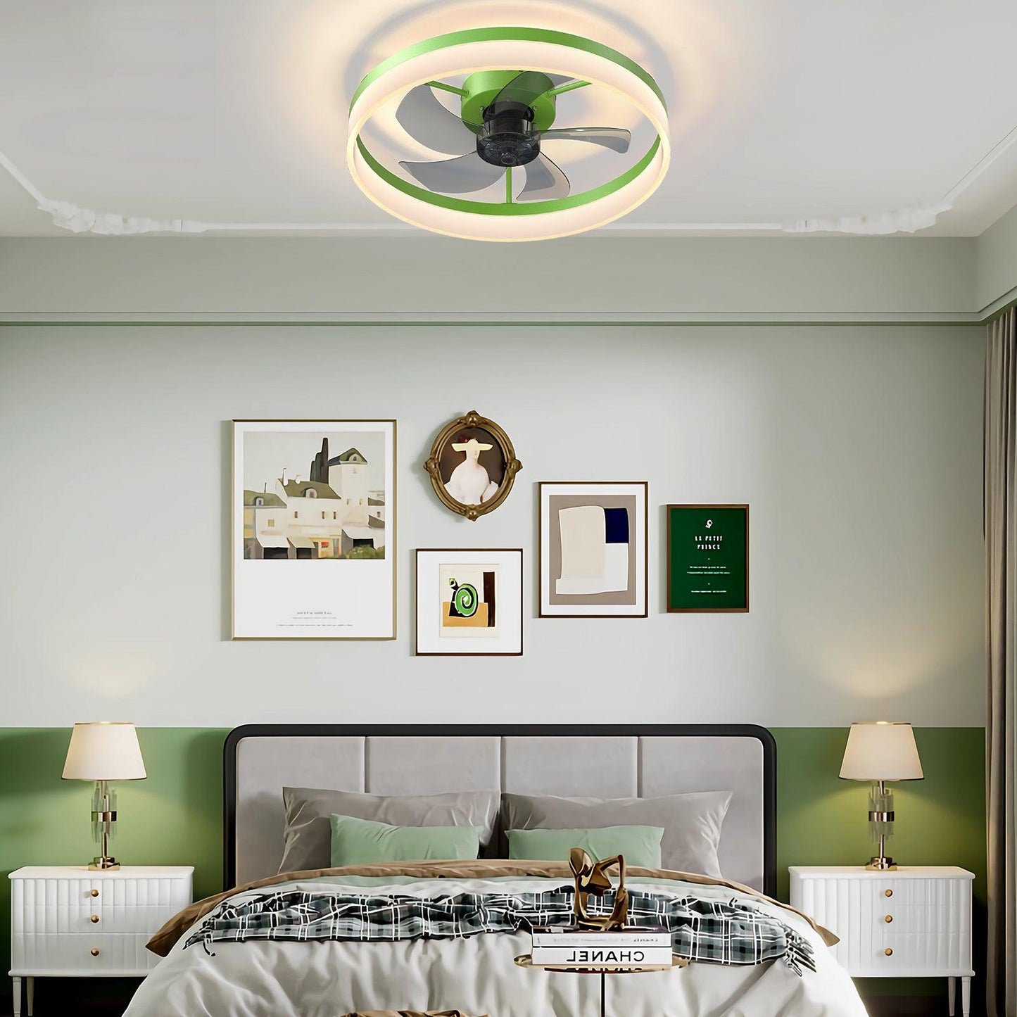 Ceiling Fans with Lights Dimmable LED Embedded installation of thin modern ceiling fans(Green) - FurniFindUSA