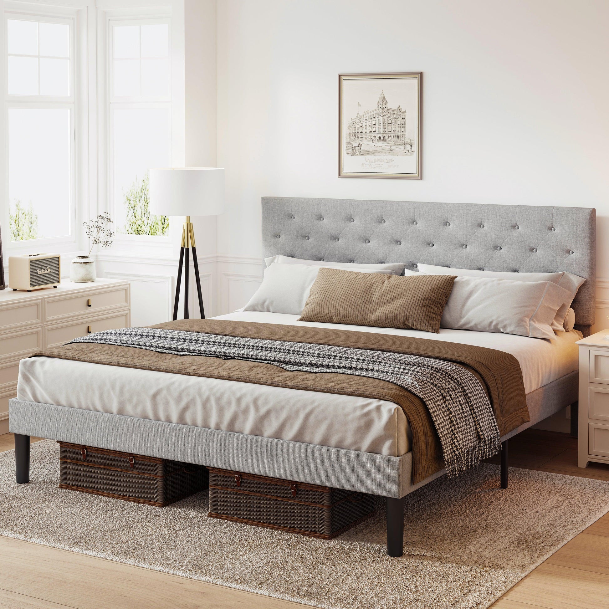 Simple Queen Size Grey Bed frame Adjustable Headboard - FurniFindUSA