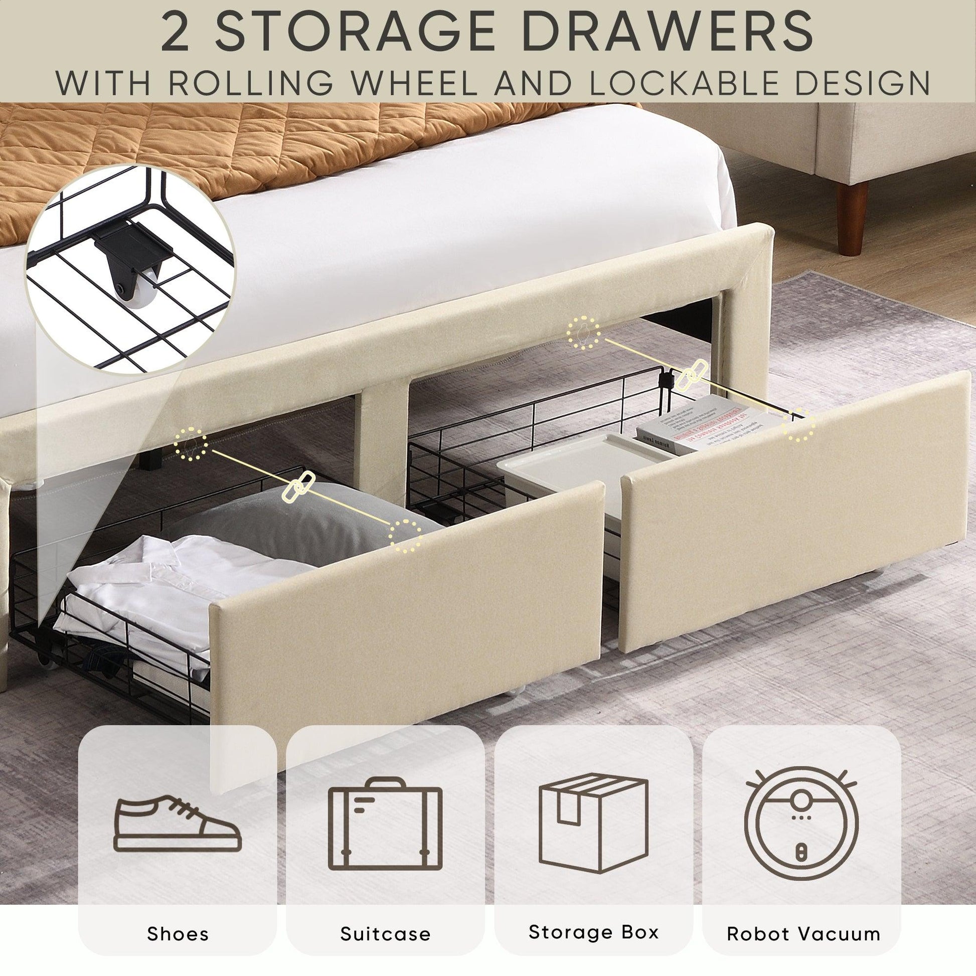 Full Size Bed Frame with 2 Storage Drawers Upholstered Bed Frame Beige - FurniFindUSA