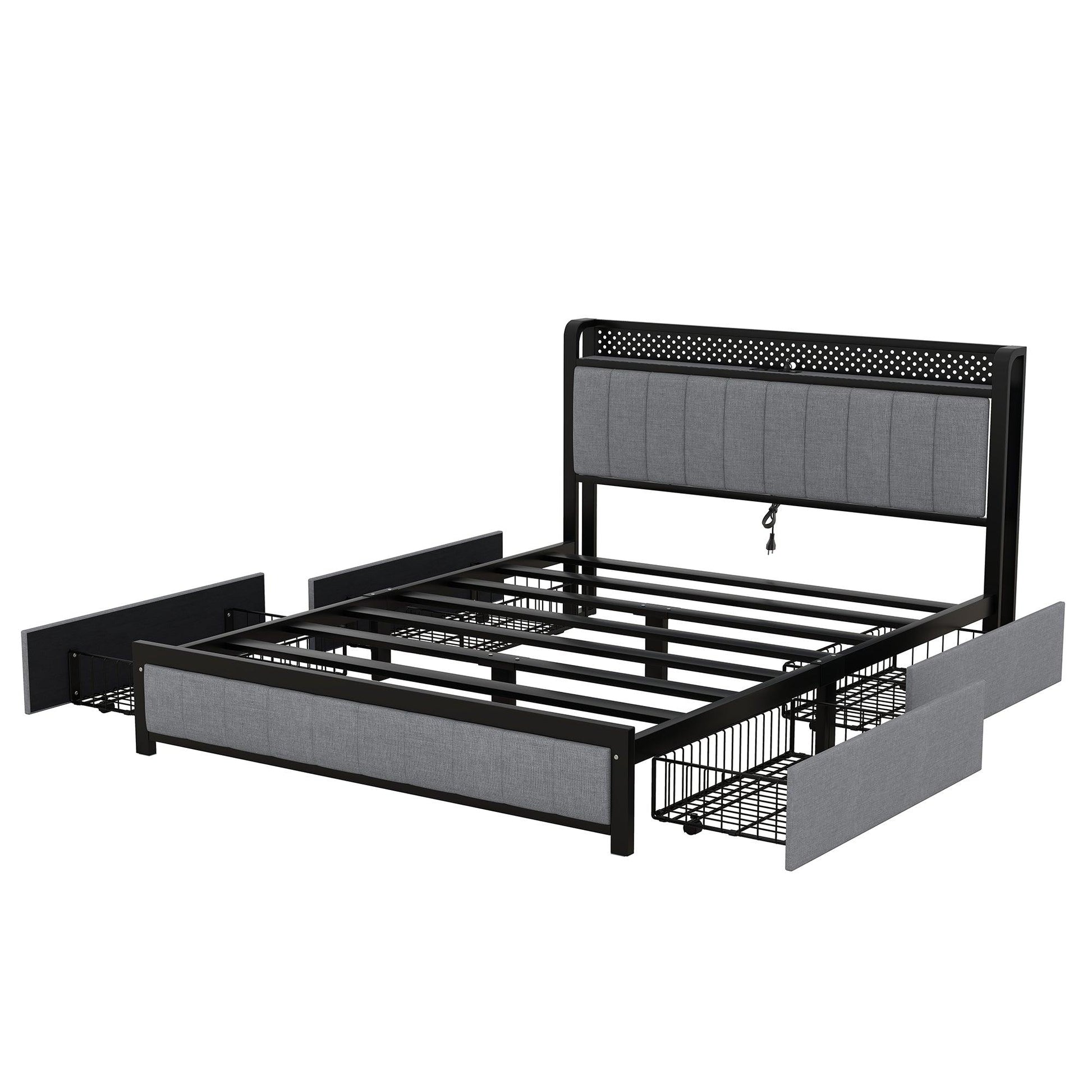 Queen Bed Frame with LED Headboard Upholstered Bed with 4 Storage Drawers and USB Ports Light Grey - FurniFindUSA