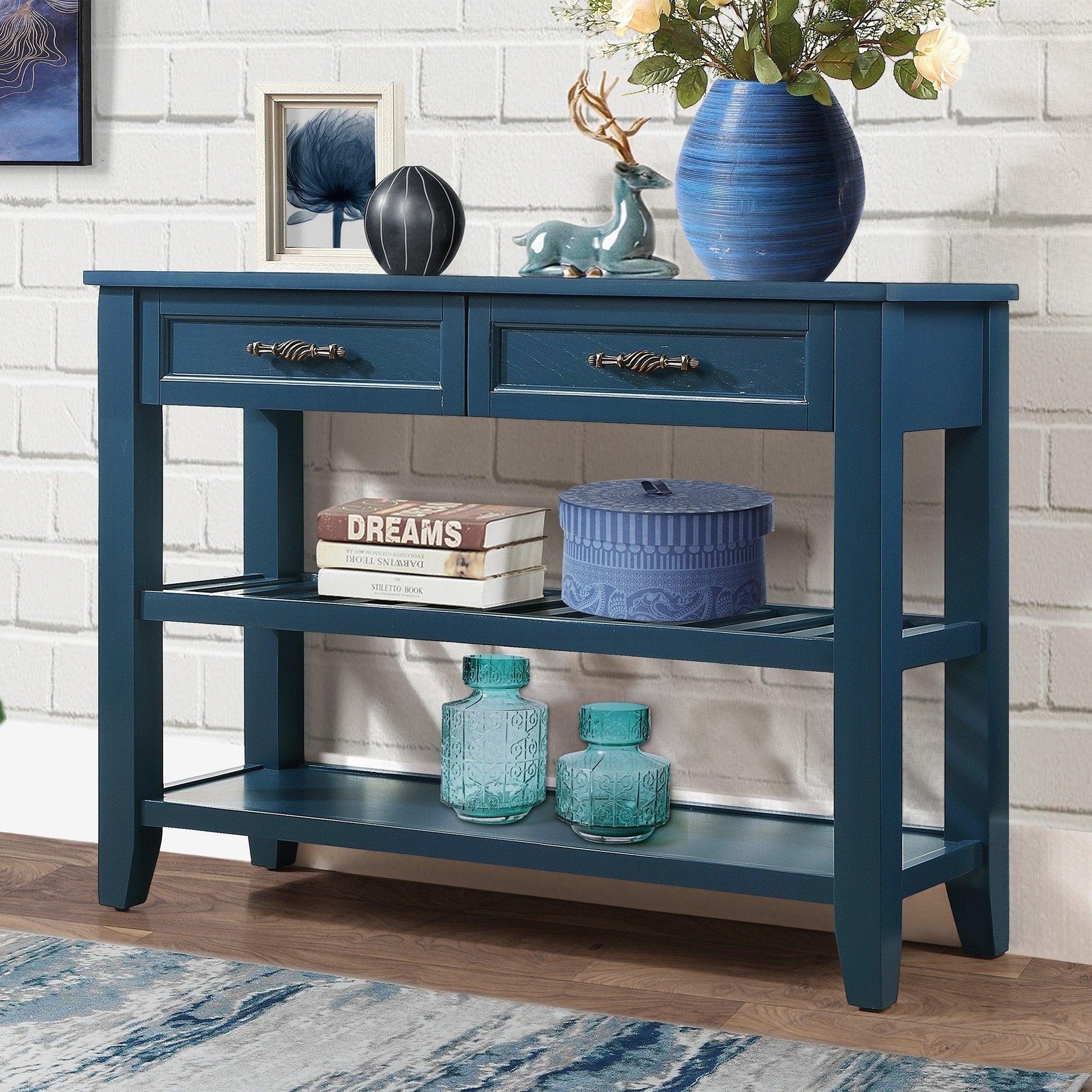 Console Sofa Table with 2 Storage Drawers and 2 Tiers Shelves Mid-Century Style 42'' Solid Wood Buffet Sideboard Navy Blue - FurniFindUSA