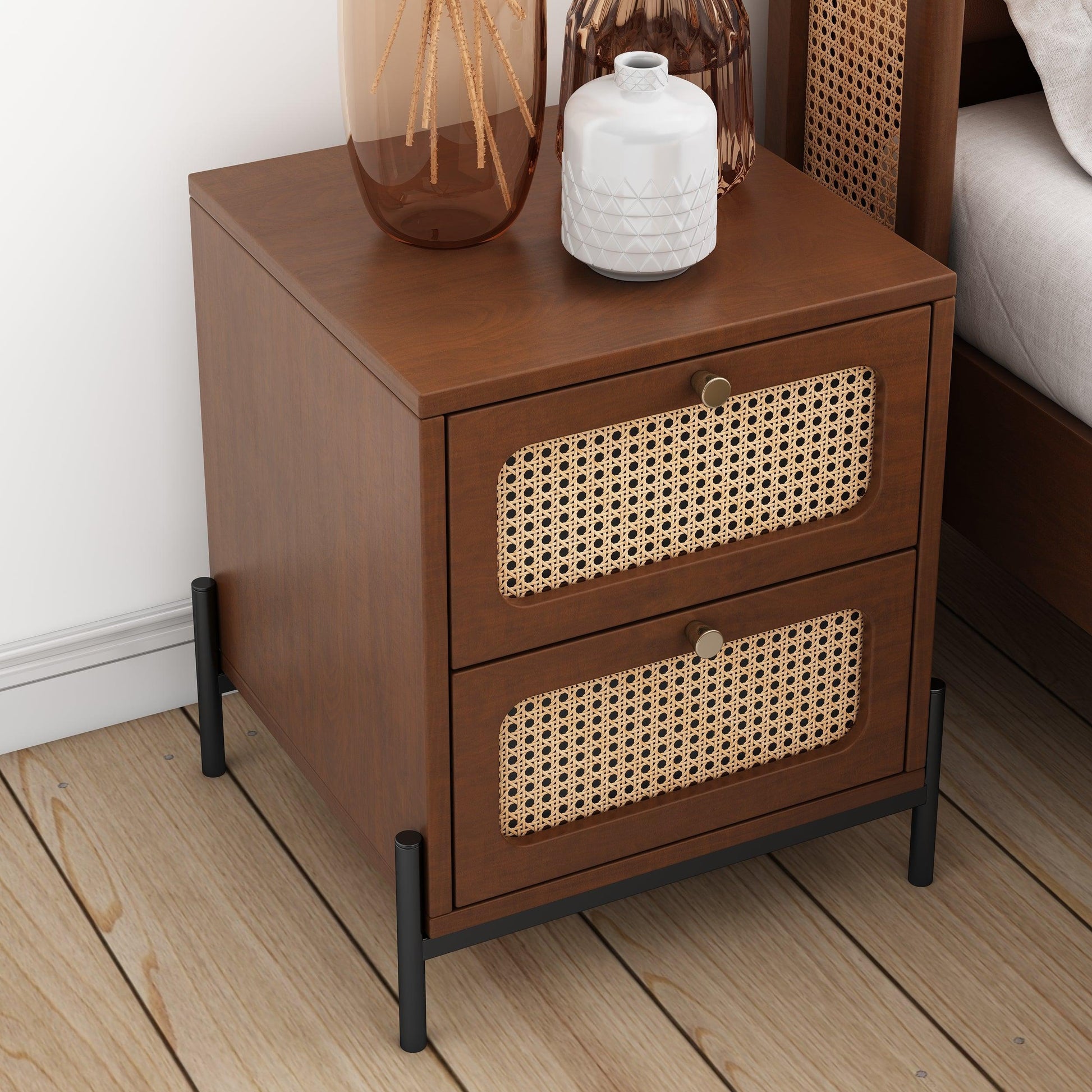 Modern Cannage Rattan Wood Closet 2-Drawer Side Table End Table Nightstand for Bedroom Living Room Entryway Hallway Walnut - FurniFindUSA