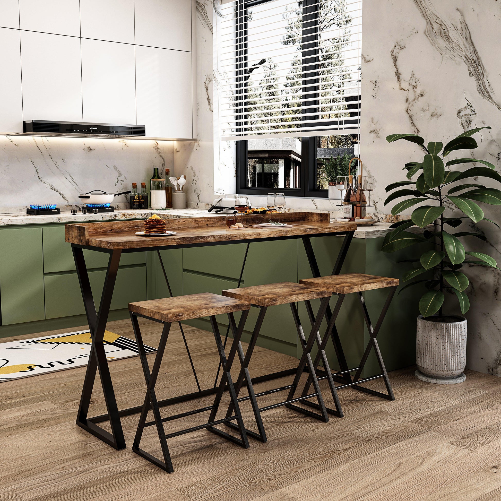 Modern Design Kitchen Dining Table Pub Table with X-Shaped Table Legs Long Dining Table Set with 3 Stools Natural - FurniFindUSA