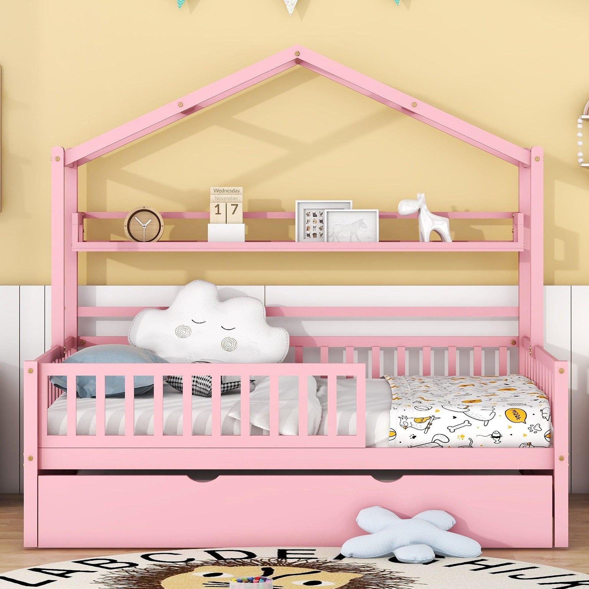 Wooden Full Size House Bed with Twin Size Trundle Kids Bed with Shelf Pink - FurniFindUSA