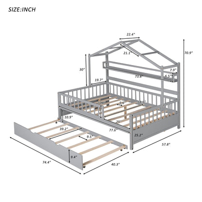 Wooden Full Size House Bed with Twin Size Trundle Kids Bed with Shelf Gray - FurniFindUSA