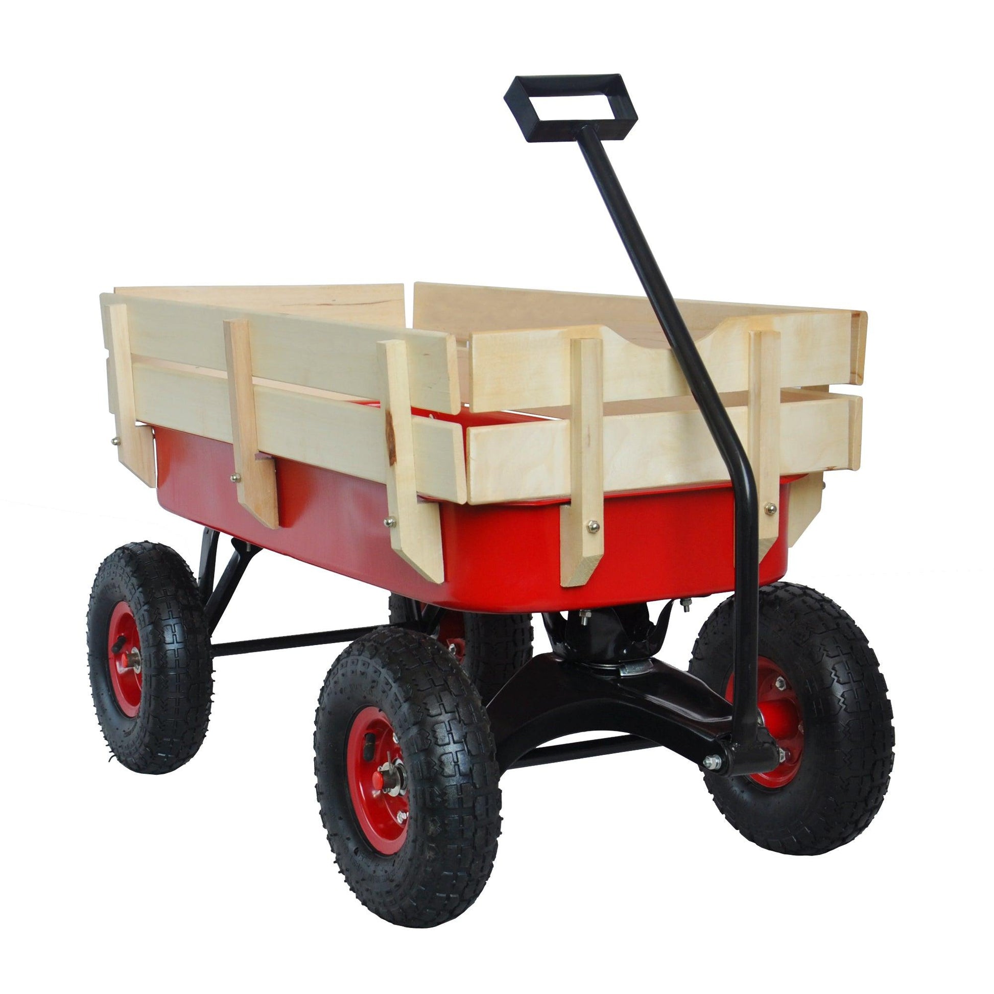 Outdoor Wagon All Terrain Pulling w/Wood Railing Air Tires Children Kid Garden（Red） - FurniFindUSA