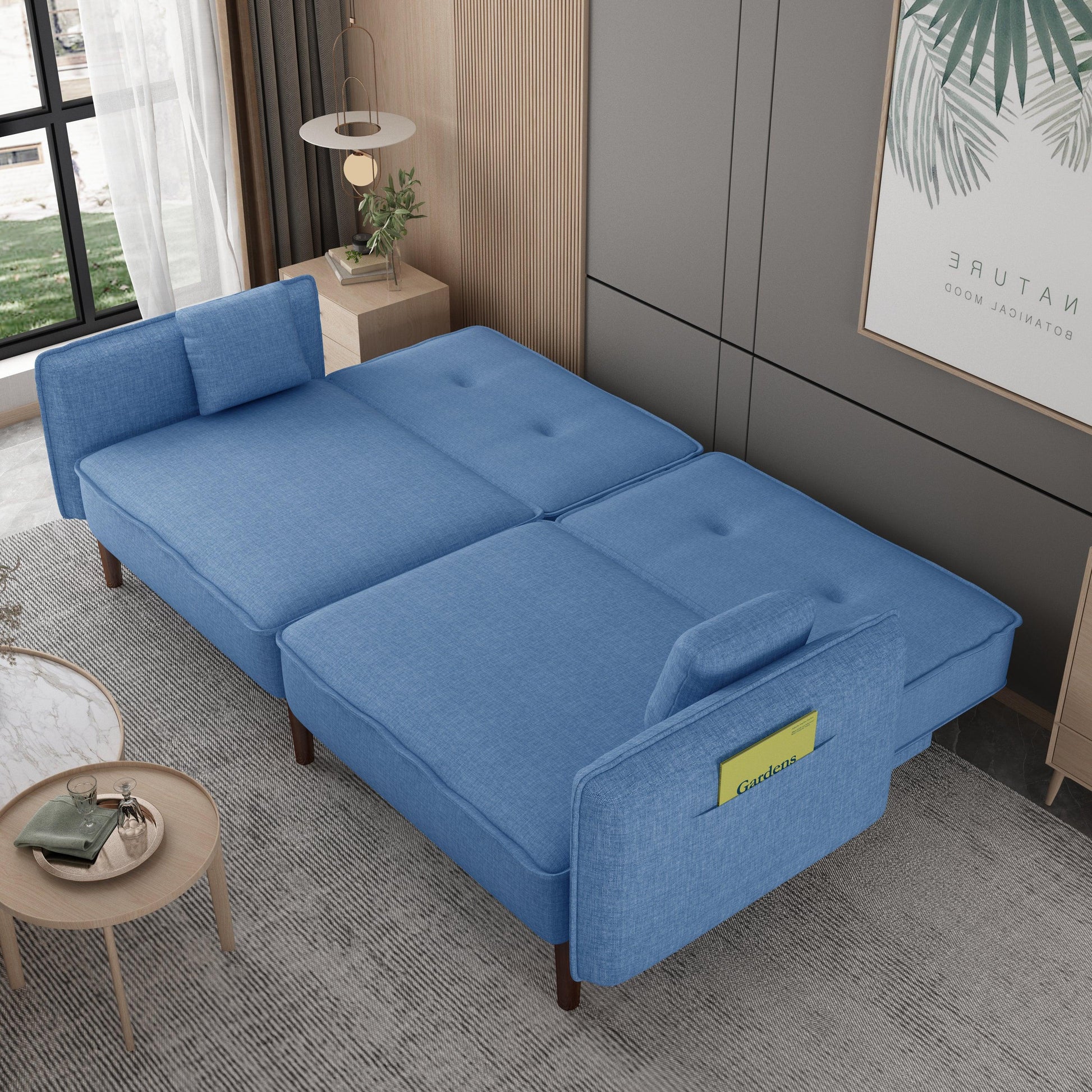 Living Room Bed Room Leisure Futon Sofa bed in Blue Fabric with Solid Wood Leg - FurniFindUSA