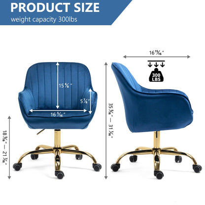 360° Dark Blue Velvet Swivel Chair With High Back Adjustable Working Chair With Golden Color Base - FurniFindUSA