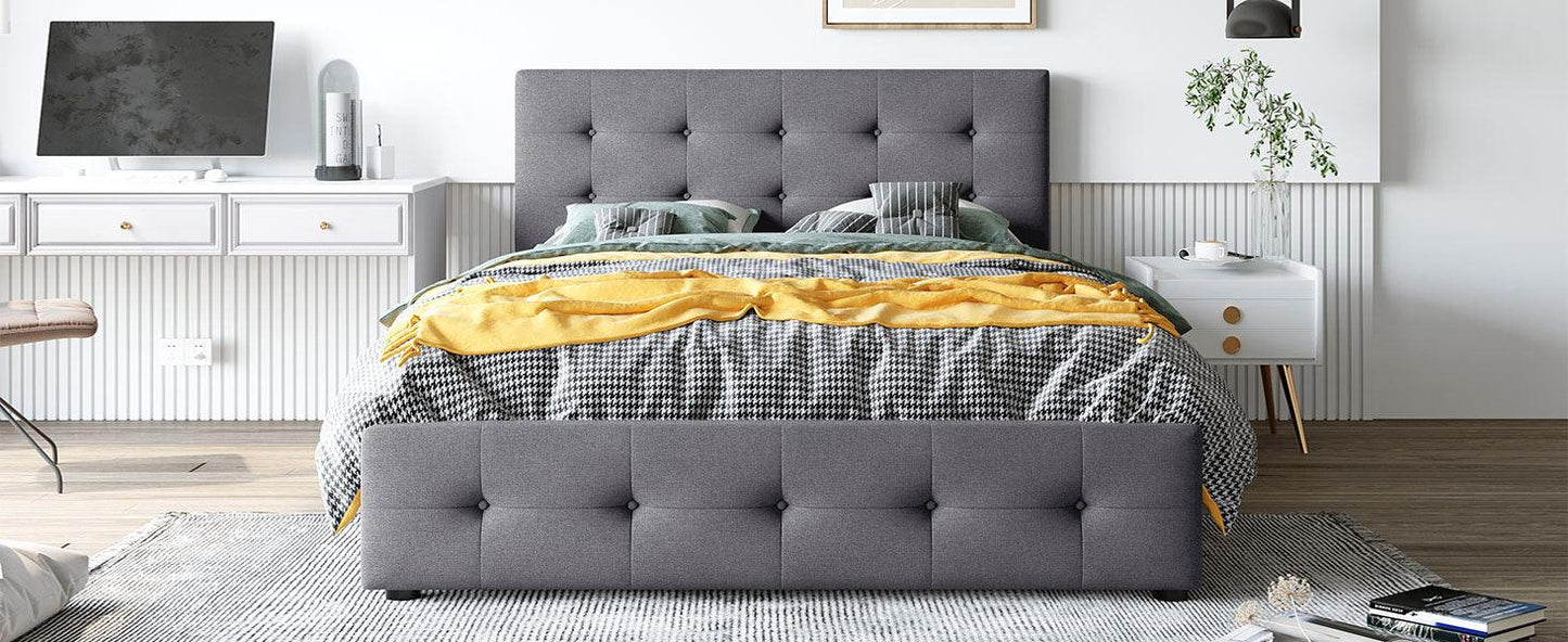 Upholstered Platform Bed with Classic Headboard and 4 Drawers No Box Spring Needed Linen Fabric Queen Size Dark gray - FurniFindUSA