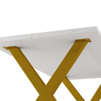 70.87"Modern Square Dining Table with Printed White Marble Table Top+Gold X-Shape Table Leg - FurniFindUSA