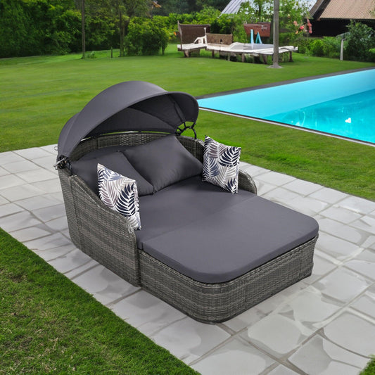 GO 79.9" Outdoor Sunbed with Adjustable Canopy, Double lounge, PE Rattan Daybed, Gray Wicker And Cushion - FurniFindUSA