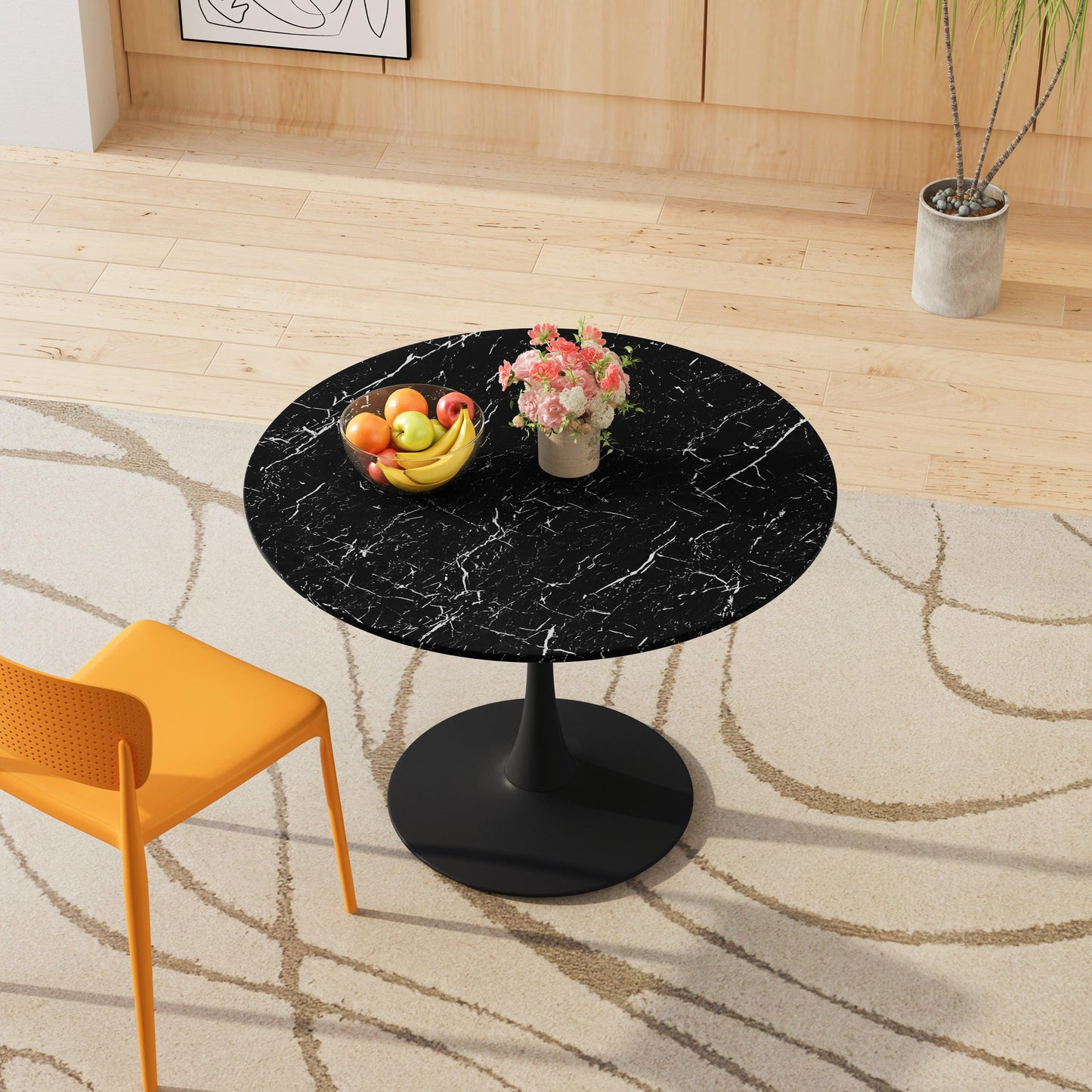 42.12"Modern Round Dining Table with Printed Black Marble Table Top Metal Base Dining Table End Table Leisure Coffee Table - FurniFindUSA